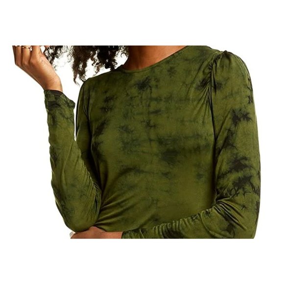 KENDALL + KYLIE Marbled Ruched Fitted Long Sleeve Shirt Top Green XS Women NEW - Picture 5 of 5